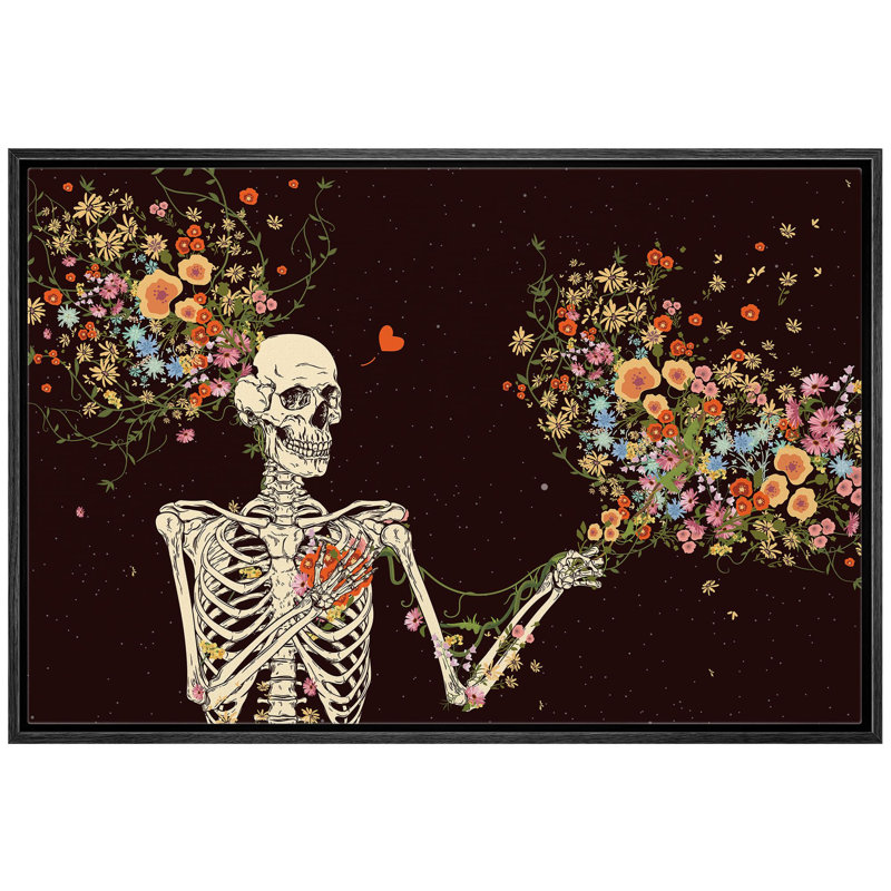 Floral, squelette, crâne, horreur, gothique, maussade, illustrations sombres, œuvre d'art moderne, H 24 po x l 36 po