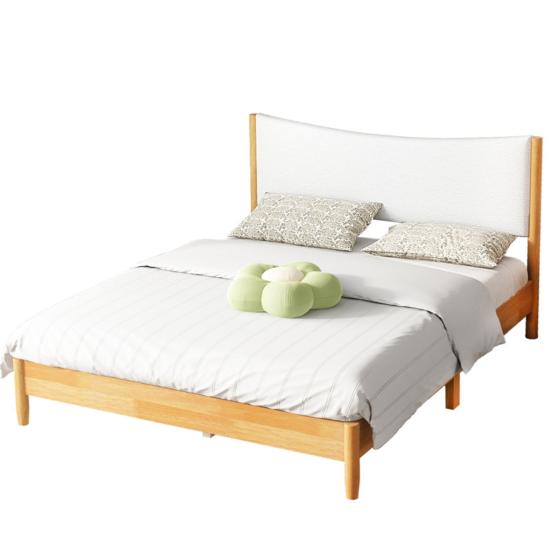 Queen Size Bed, Rubber Wood And Plywood, Fleece Upholstered Headboard, Beech White, Stable Bed Side Rails Design
