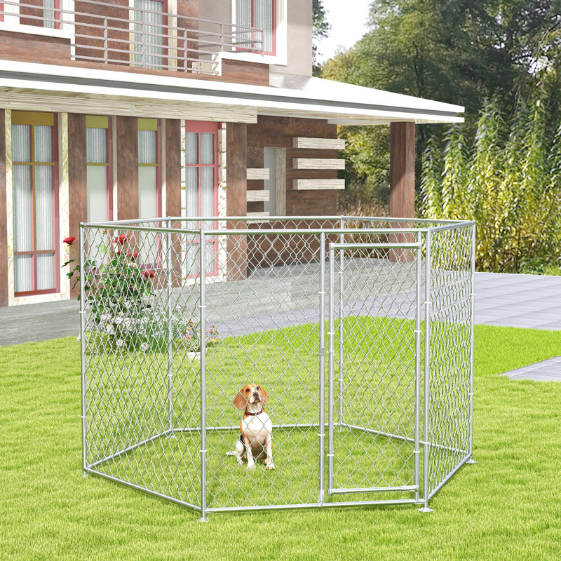 Chenil pour chien, argent, 9,2 pi x 8 pi x 5,6 pi Extérieur pour chiens de taille moyenne et grande. Barrière verrouillable sécurisée. Espace de jeu spacieux. Confortable. . Installation rapide 9,2 pi 8 pi 5,6 pi, argent Pour porte de taille moyenne. Calme