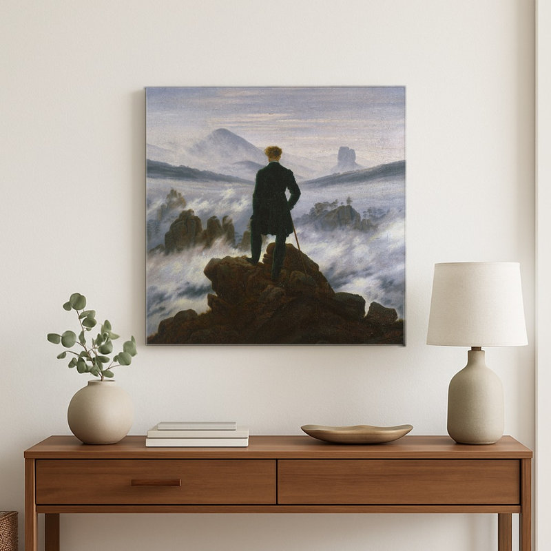 Le Voyageur contemplant une mer de nuages ​​(1818) — Tableau mural carré en métal, H 8 po x l 8 po