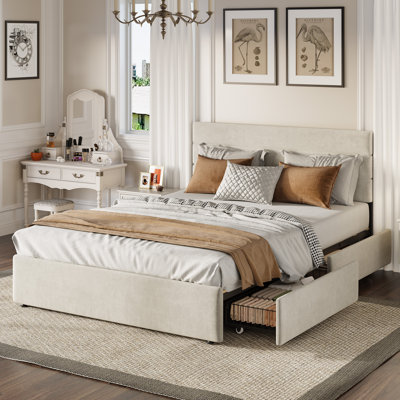 Candler Queen Bed With 4 Drawers And Headboard, Velvet Upholstered Platform Bed, Sturdy Metal & Wooden Slats Support, No Box Spring Needed, Easy Assembly