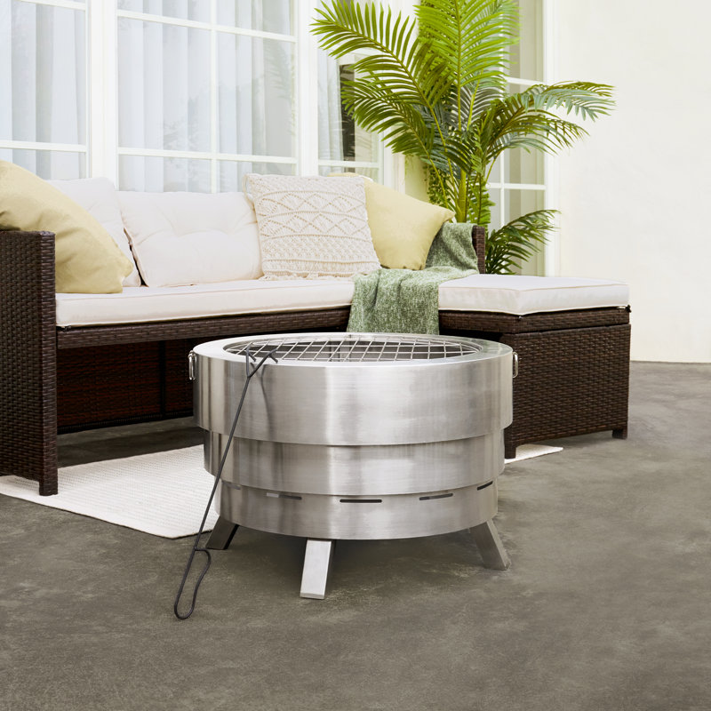 25" Outdoor Collapsible Stainless Steel Wood Burning Fire Pit with Cooking Grate and Carrying Case
