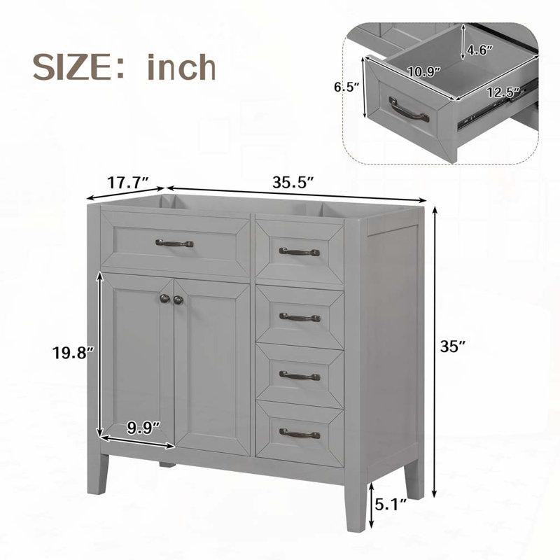 Meuble-lavabo 36 po sans lavabo, base d'armoire seulement, armoire de salle de bain avec tiroirs, structure solide et panneau de fibres à densité moyenne