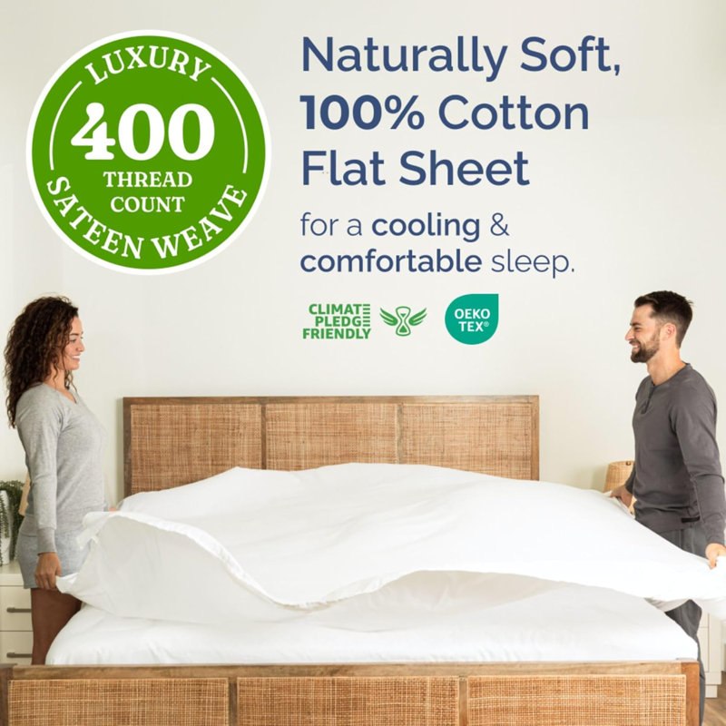 Drap en coton 400 fils - Drap rafraîchissant, respirant et doux, Grand lit, Blanc
