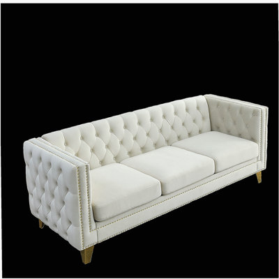 Canapé en velours pour le salon, canapé à accoudoirs carrés touffetés à boutons, canapé moderne avec boutons rembourrés et pieds en métal, canapé pour la chambre à coucher, velours beige, 2 pièces