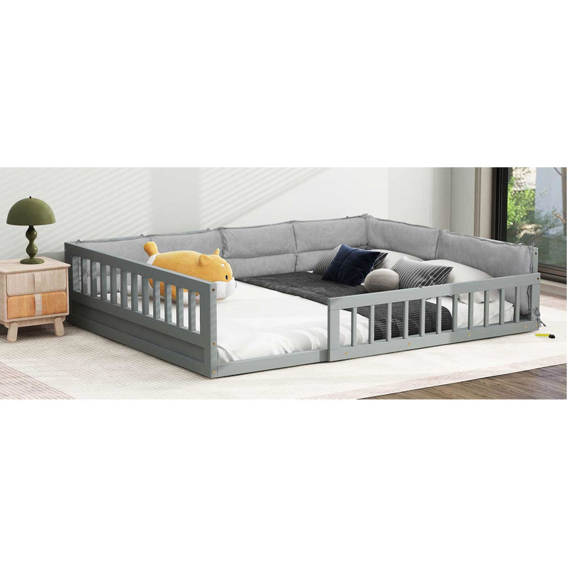 Lit plateforme gris rembourré avec garde-corps et coussin sécurisés - Coussin moelleux facile à adapter à différents thèmes de chambre à coucher