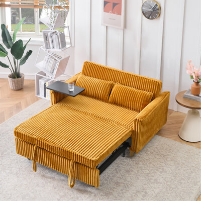 The Pull-Out And Push-In Yellow  Corduroy Sofa With Dual Functions, Equipped With A Movable Tabletop And USB Ports, Is Suitable For Use In Living Rooms And Bedrooms.