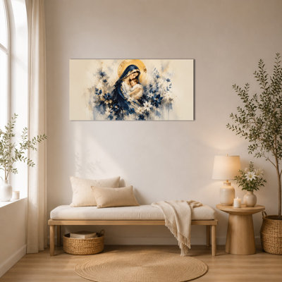 Virgin Mary Canvas Wall Art - Christian Religious Picture Artwork, Faith-Inspired Religious Blessed Mother Painting for Prayer Room, Prayer Room Embellishment, Wrapped Canvas with Pine Frame, 12×24 Inches