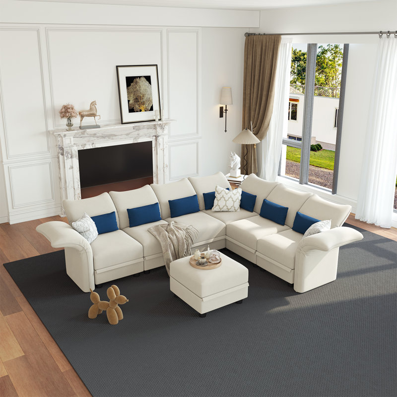 Ahren 7 - Piece Upholstered Chaise Sectional, Beige Velvet