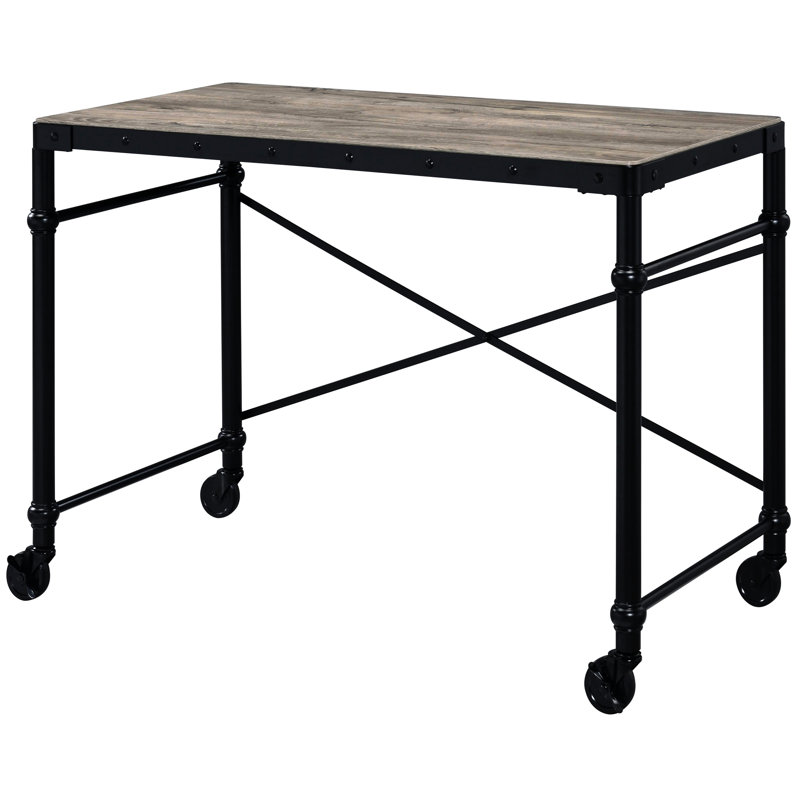 Bureau d'écriture rustique en chêne et noir avec roues ergonomiques pour roues de style industriel