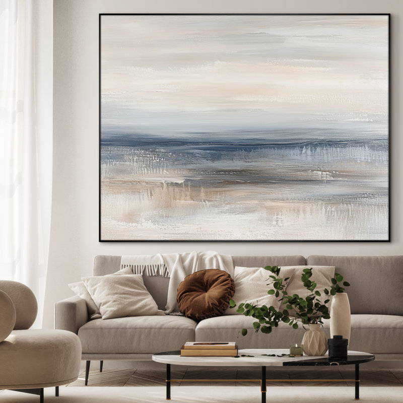 Extra Large Wall Art Fabric Print - Soft Coastal Horizon Line Abstract Scene Artwork Decor for Living Room or Bedroom - "Frame Assembly Required (Unfinished Frame)"