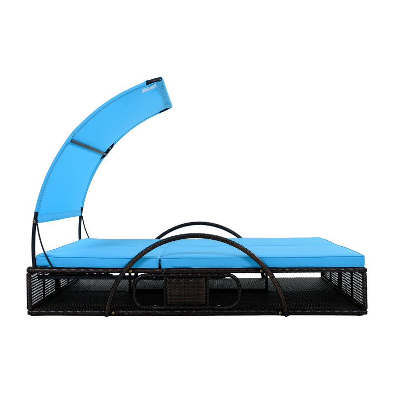 Chaise longue d'extérieur en acier avec dossier réglable, lit double de patio avec table d'appoint cachée et accoudoirs arqués, convient pour la terrasse de la piscine, le jardin et la cour