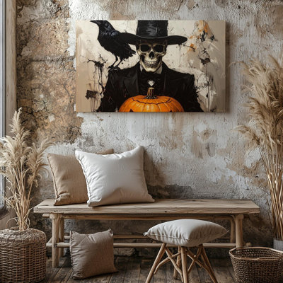 Canvas Elegant Skeleton And Crow Monochrome Halloween Pumpkin Art Wall Art Ready To Hang Gallery Wrapped Home Decor Modern Design Decor