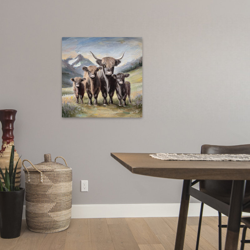 Highland Cow Family, art contemporain, H 24 po x l 24 po