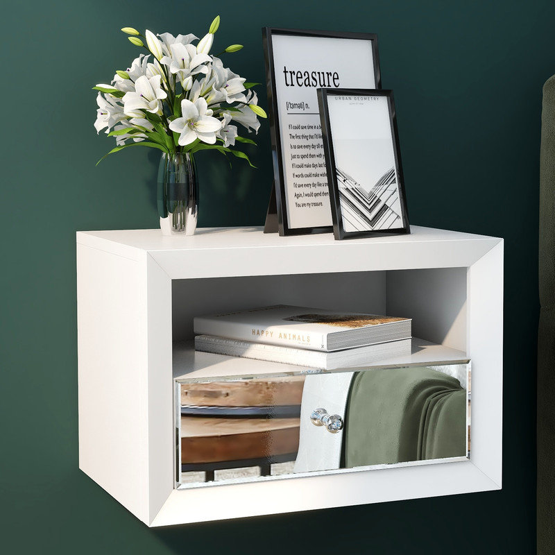 Modern Floating Bedroom Nightstand with Storage Drawer and Open Shelf