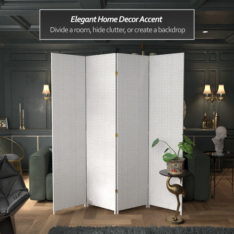 Amitis 7 Ft. Tall Woven Fiber Folding Room Divider, White, 4, 84'' H x 78'' W x 1'' D
