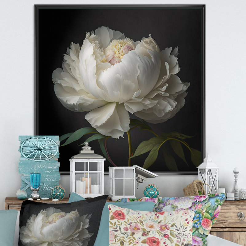 Blooming White Peony VI - Art mural pivoine, H 30 po x l 30 po, Reproduction avec cadre flottant, Noir