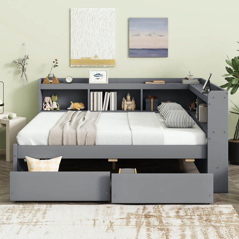 Bookcases Bed with Power Outlets, USB Charging Ports and Two Drawers, Full, Gray