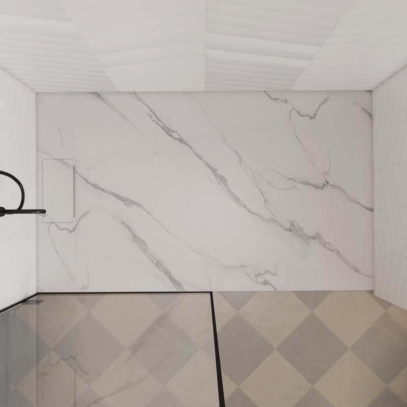 Base de douche en marbre Carrara avec seuil bas et surface antidérapante, White, 1" H x 59.06" W x 35.43" D