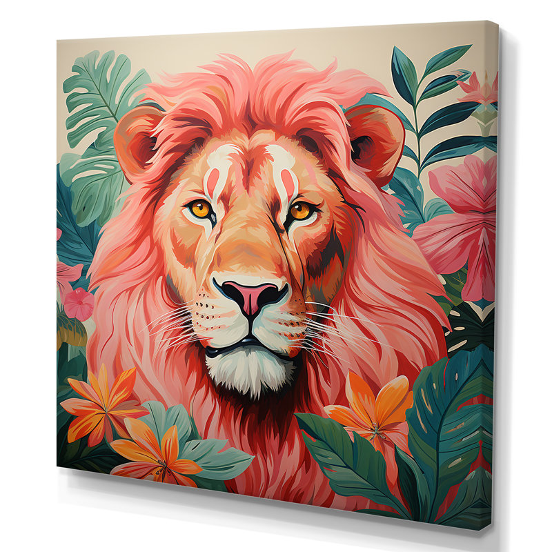 Décoration murale lion rose et vert en forêt I - Lion, Toile tendue, H 16 po x l 16 po x P 1 po