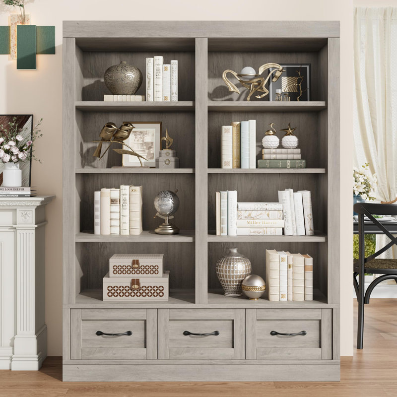 Bibliothèque de 64 po de hauteur avec 3 tiroirs de rangement, bibliothèque haute avec 4 tablettes ouvertes, Gris
