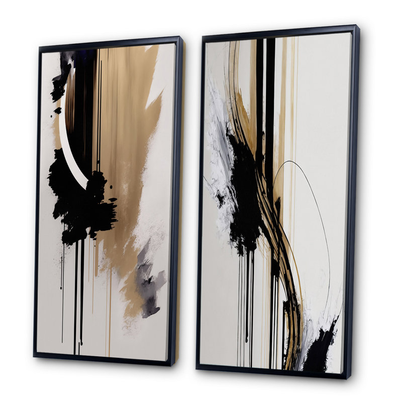 «Black, White and Gold Expression III», 2 pièces sur toile, H 32 po x l 32 po, Cadre noir