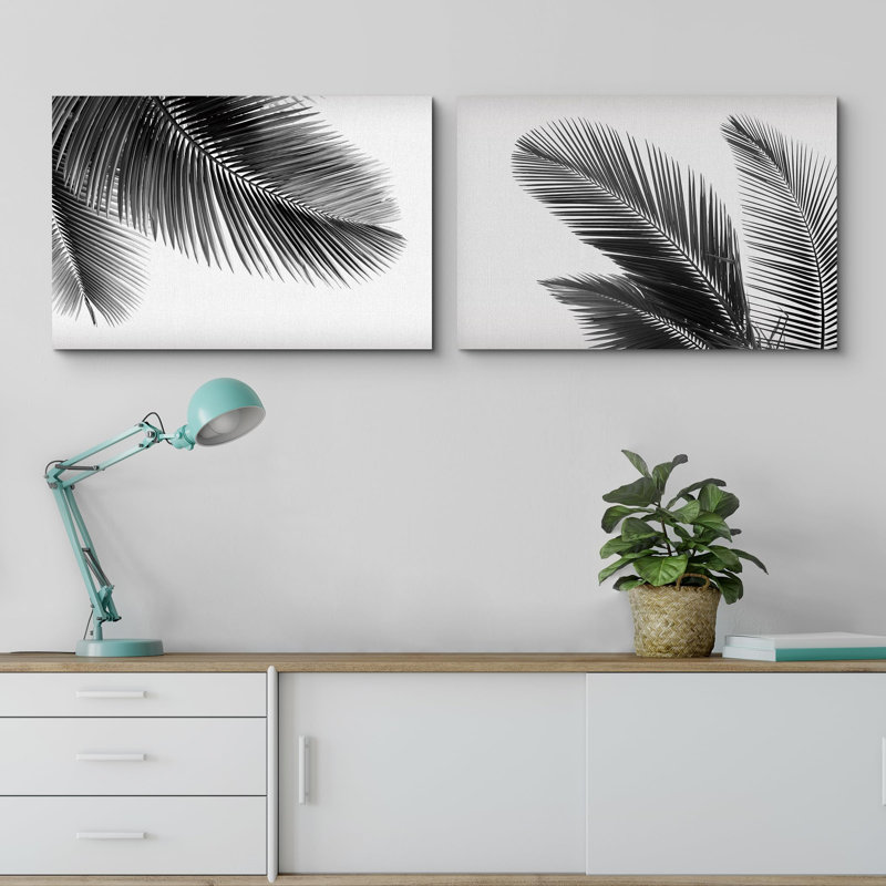 Feuille de palmier botanique sauvage noir et blanc Minimal - 2 pièces, Toile tendue, H 24 po x l 36 po