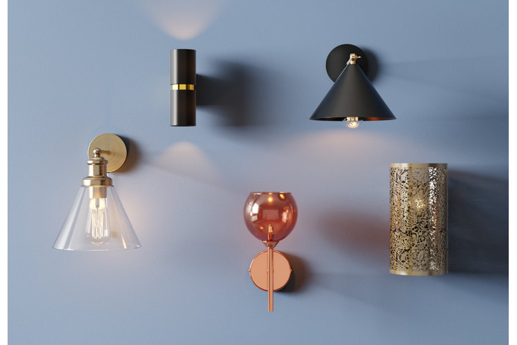 five wall sconces on a light blue wall