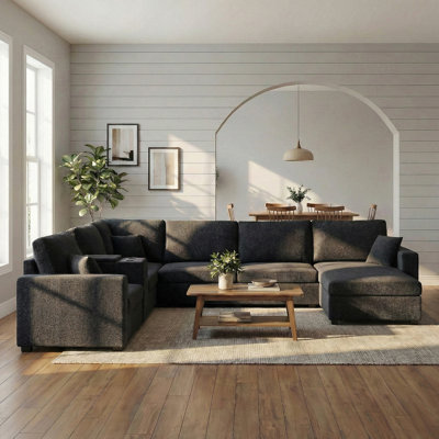 134" 5-Seat Modular U-Shaped Sectional Sofa With Deep Seats, Built-In Cup Holders, Storage Drawer & Pillows