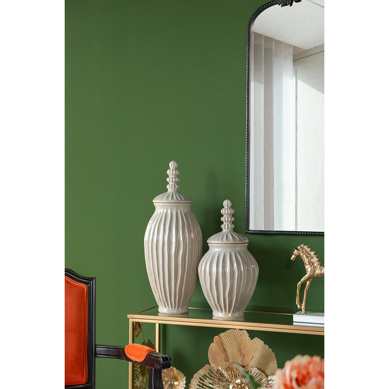 Elegant White Ceramic Jar with Textured Motif and Spherical Finial Lid
