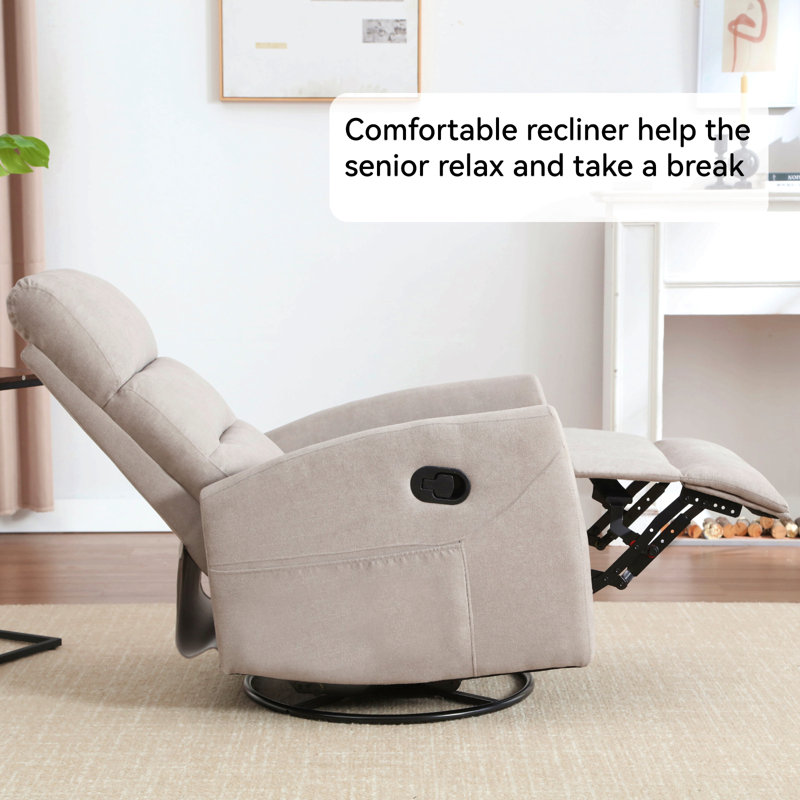 Manual Recliner Chair With Rocker And Swivel In Fabric For Living Room, Beige