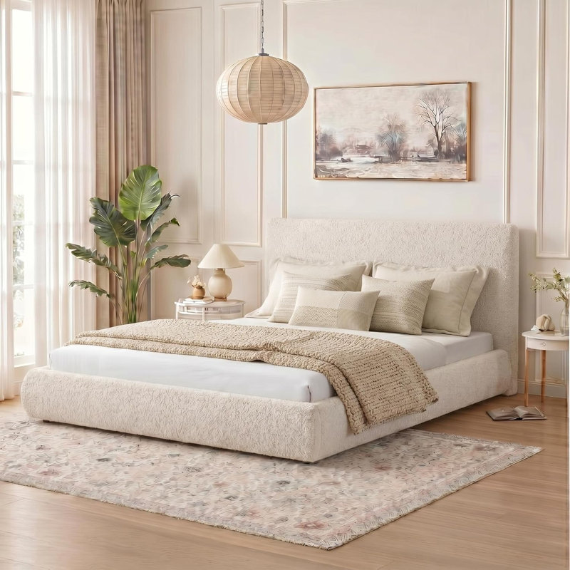 Structure de lit plateforme beige avec tête de lit tapissier, tissu moelleux moderne, aucun sommier requis, assemblage facile, très grand lit