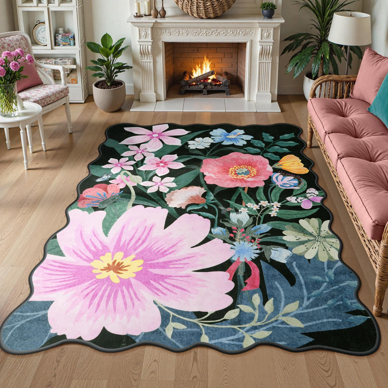 Tapis lavable pour tapis de salon antidérapant à motif floral antidérapant, Rectangle 5 pi x 7 pi