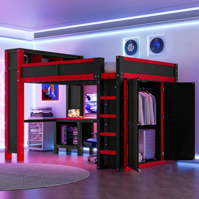 Lit mezzanine en bois avec garde-robe et bureau, tête de lit avec rangement et port USB