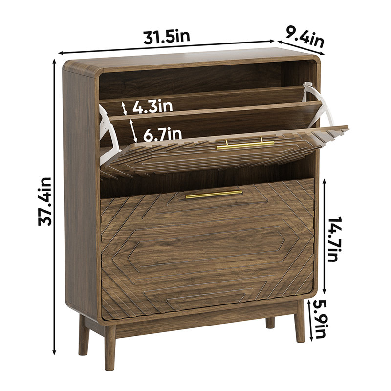 31.5"  Mid-Century Flip-Down Shoe Cabinet Geometric Carved 2-Layer Entryway Shoe Storage with Adjustable Shelves for Narrow Hallways Small Apartments