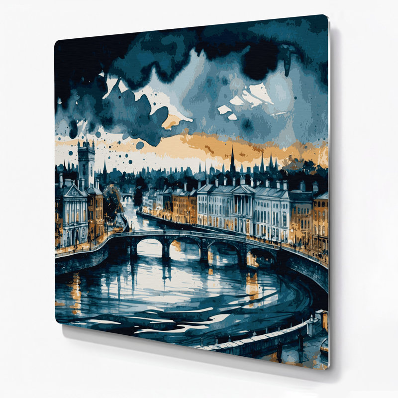 Art mural bleu en métal avec villes de Dublin en Irlande, H 16 po x l 16 po