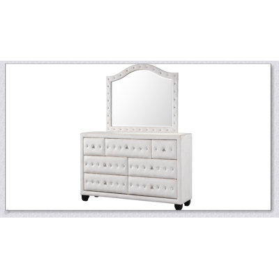 Commode à 7 tiroirs capitonnée en cristal de style moderne Sophia avec tissu en velours, finition crème et rangement spacieux