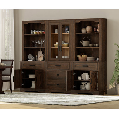 Ensemble de bibliothèque de 73 po de hauteur à 3 colonnes, bibliothèque en bois à 5 niveaux avec rangement ouvert, portes en verre, armoire et tiroirs pour bureau, chambre à coucher et salon, brun