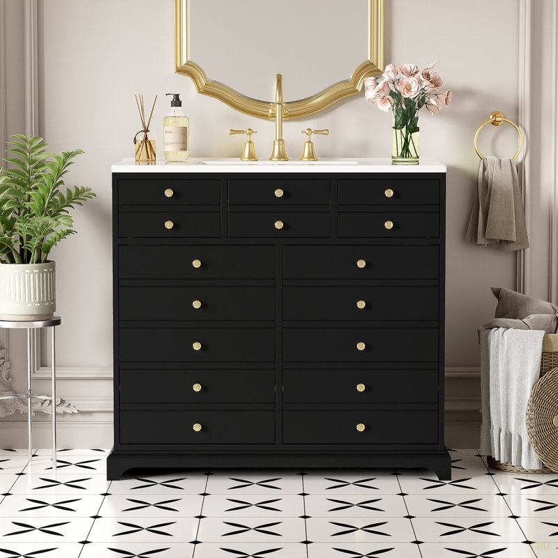 Ensemble de meuble-lavabo 36 po avec lavabo en céramique, armoire de rangement en bois massif, ensemble de meuble-lavabo autoportant avec 2 tiroirs et portes à fermeture douce