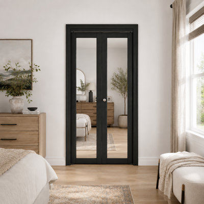 Porte pliante double miroir 32 "x 80" noir avec ensemble de quincaillerie d'installation
