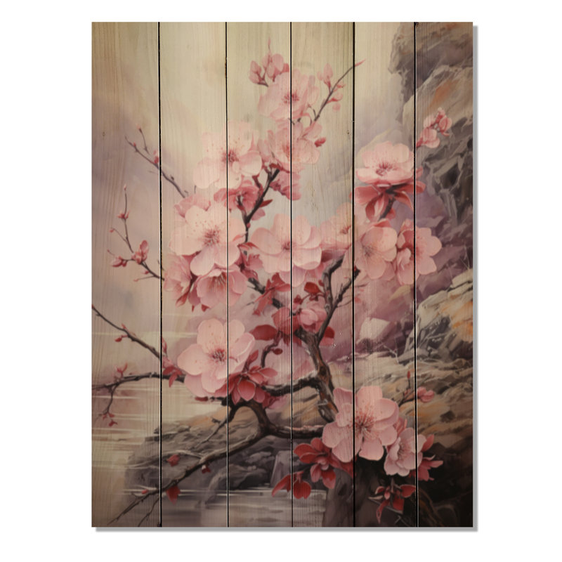 Art asiatique, fleur de cerisier III - impression asiatique sur bois de pin naturel, H 20 po x l 10 po x P 0,78 po