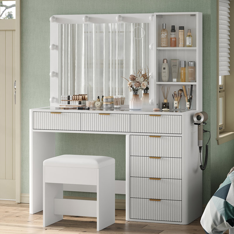 47'' W Fluted Vanity Desk, Makeup Vanity With 10 LED Lights And Mirror, 3 Lighting Modes Adjustable, 7 Drawers Makeup Table With Power Oultlet, Vanity With Chair, Glass Top Vanity Set