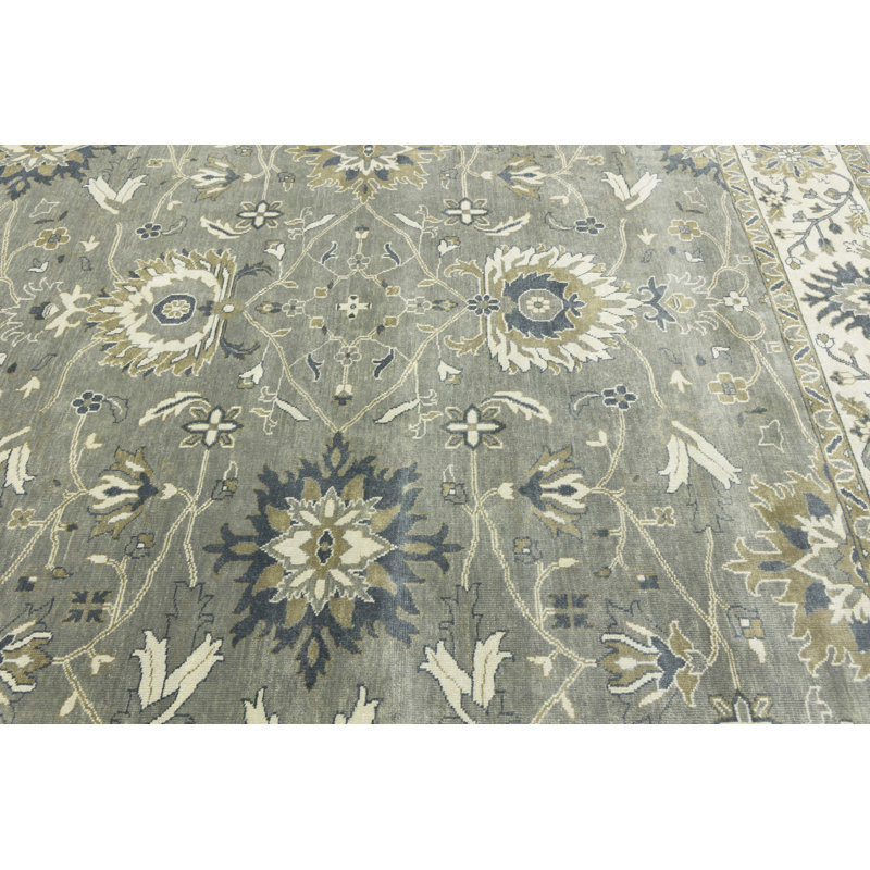 Floral Handmade Hand-Knotted Rectangle 9'1" x 11'10" Wool Area Rug in Cream