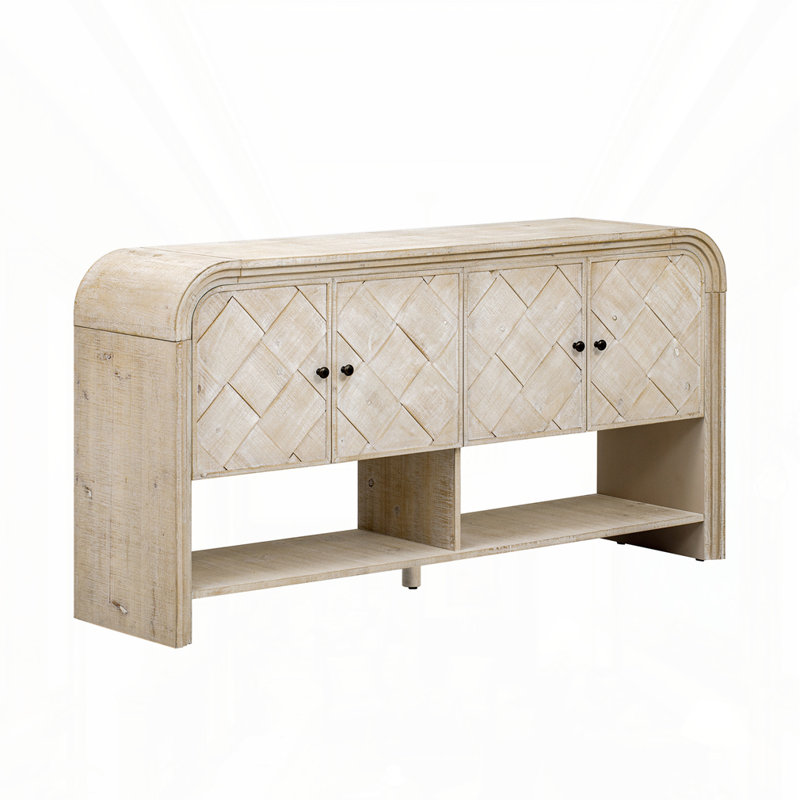 Armoire de rangement polyvalente avec lattes en bois tissé, Beige brun