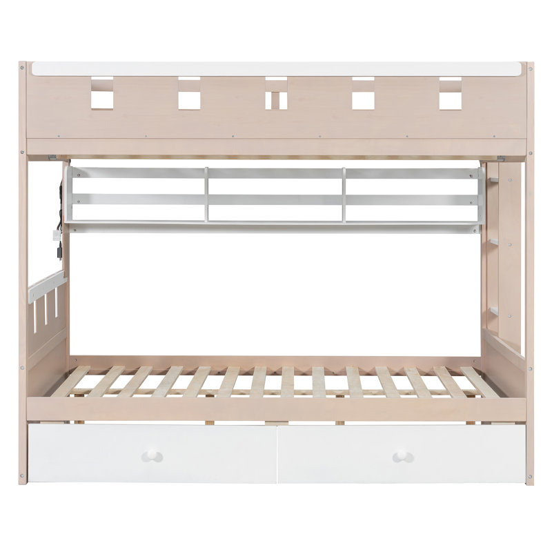 Lit superposé double en bois massif rose et blanc avec tiroirs, rangement, tablettes, bande lumineuse à DEL - 1 pièce