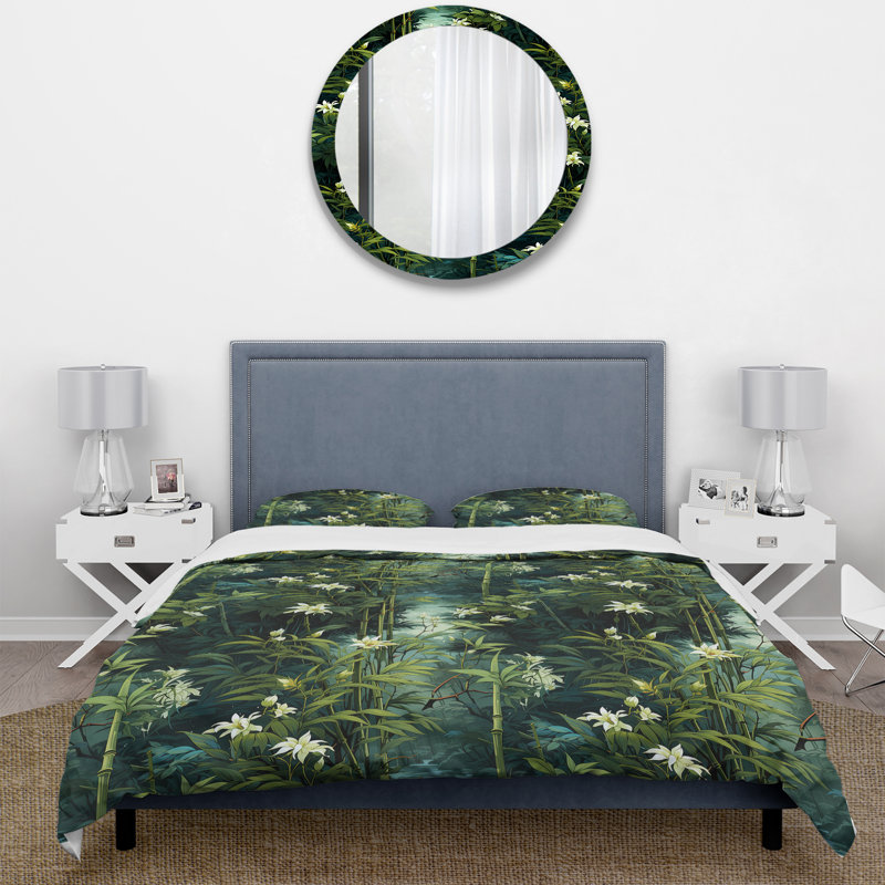 Bamboo Sanctuary - Oriental Duvet Cover Set, Queen Duvet Cover + 2 Standard Shams