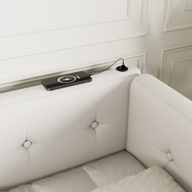 Lit plateforme tapissier avec ports USB Cleason, Queen, Beige