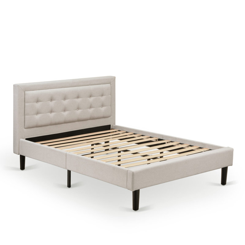 Platform Full Size Bed - Mist Beige Linen Fabric Upholstered Bed Headboard with Button Tufted Trim Design - Black Legs, Full