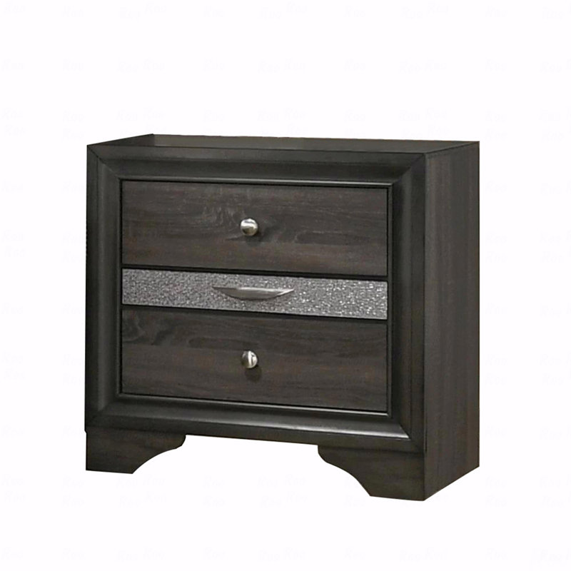 Table de chevet 3 tiroirs en bois avec boutons ronds en nickel, gris, Gris