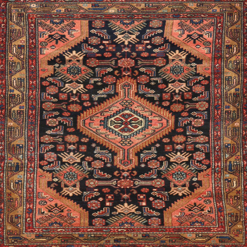 Tapis traditionnel rouge / beige / noir, Rond 5 pi